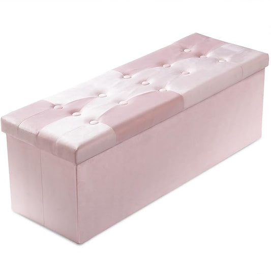 PRANDOM Jumbo Ottoman with Storage [1-Pack] Velvet Folding Small Square Foot Stool with Lid for Living Room Bedroom Coffee Table Dorm Pink 43x15x15 inches-NeatNest
