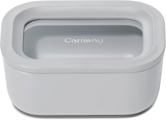 Caraway Mini Rectangle Food Storage Container - 2.6 Cup Glass Storage Container for Food - Non-Toxic Ceramic-Coated Glass - Air Release Technology - Compact & Stackable Design - Gray-NeatNest