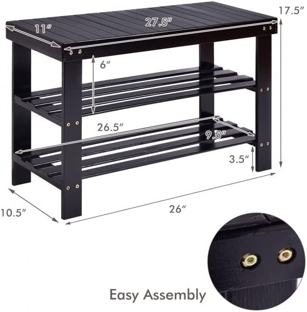 Safeplus 27.5" Bamboo Shoe Rack Bench, 3-Tier Entryway Shoe Organizer, Storage Shelf for Shoes, Slippers, Holds up to 220lbs for Hallway Bathroom Living Room Balcony