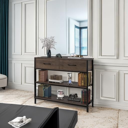 HITHOS Industrial Console Table with Drawers, Vintage Hallway Foyer Table with Storage Shelves, Narrow Long Sofa Entryway Table for Living Room, Dark Brown-NeatNest