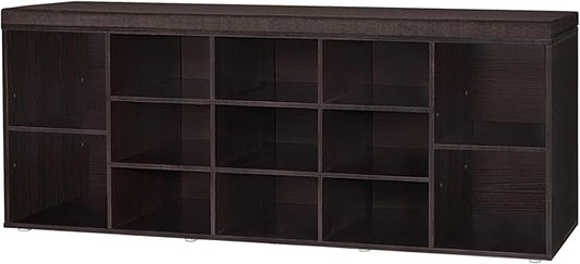 DINZI LVJ Shoe Storage Bench with Cushion, 13-Cubby Shoe Rack, Adjustable Shelves, Multifunctional Shoe Organizer Bench for Entryway, Mudroom, Hallway, Living Room, Bedroom and Garage, Espresso-NeatNest