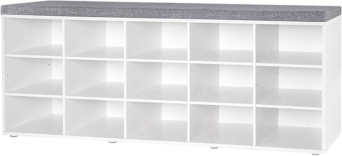 DINZI LVJ Shoe Storage Bench with Cushion, 15-Cubby Shoe Rack, Adjustable Shelves, Long Shoe Organizer Bench for Entryway, Mudroom, Hallway, Living Room, Bedroom and Garage, White-NeatNest