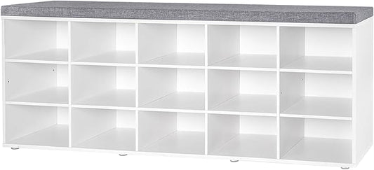 DINZI LVJ Shoe Storage Bench with Cushion, 15-Cubby Shoe Rack, Adjustable Shelves, Long Shoe Organizer Bench for Entryway, Mudroom, Hallway, Living Room, Bedroom and Garage, White-NeatNest