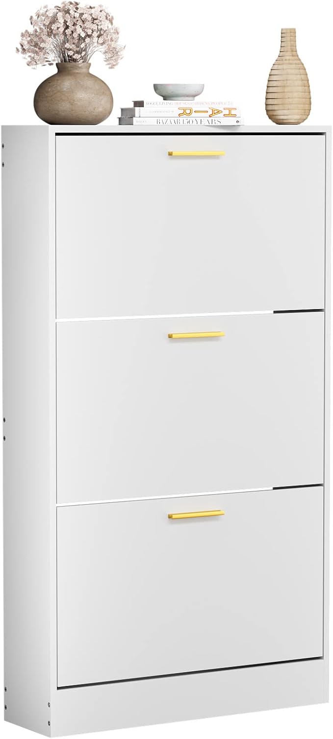 JOZZBY Shoe Cabinet Storage with 3 Flip Drawers for Entryway, White Slim Freestanding Modern Narrow Shoe Organizer Rack Cabinet for Hallway, Living Room-NeatNest