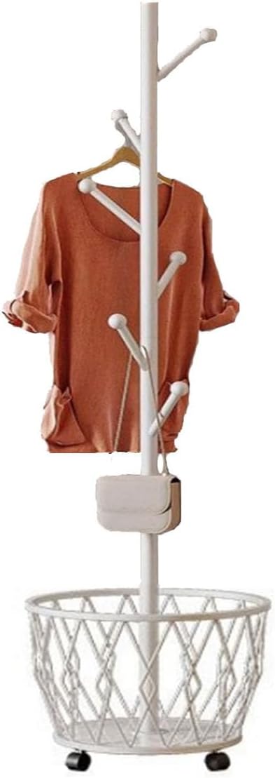 Freestanding Metal Coat Rack Stand with Basket Modern Organizer for Scarf Jacket Hat Bags Ideal for Home Entryway Bedroom Corner Stable and Moveable tree (white)