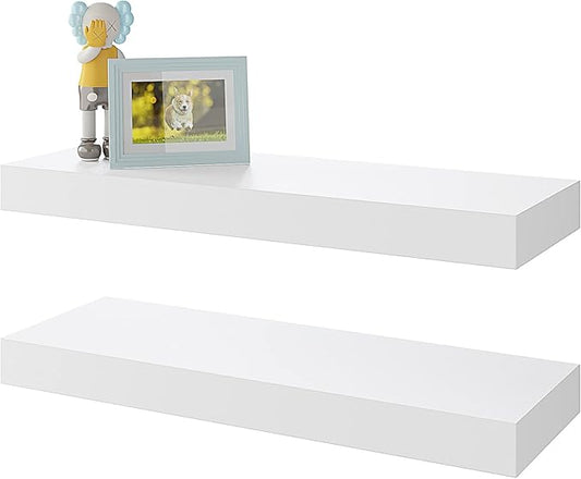 BAMEOS Floating Shelves, White Wall Mounted Wooden Shelves with Invisible Brackets Set of 2, Hanging Wall Shelves Decoration for Bedroom, Bathroom, Living Room and Kitchen-NeatNest