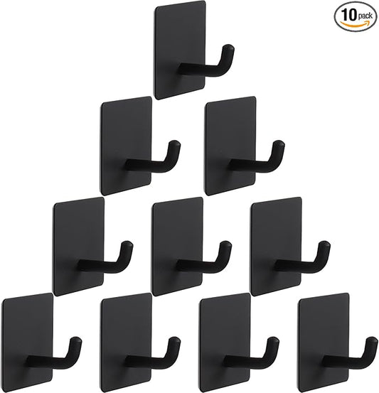 Bath Towel Hooks - 10 Pack Strong Self Adhesive Coat/Clothes Hooks, No Drilling Sticky Hooks, Heavy Duty 304 Stainless Steel Shower Wall Hook for Bathroom Kitchen Bedroom(Matte Black)