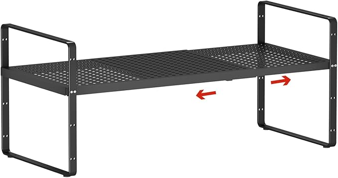 Expandable Cabinet Countertop Shelves 16.5-27’’L, Adjustable Metal Spice Rack Organizer, Stackable Kitchen Counter Storage Shelves Organizers for Cabinet Organization, Black-NeatNest