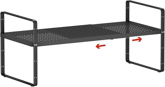 Expandable Cabinet Countertop Shelves 16.5-27’’L, Adjustable Metal Spice Rack Organizer, Stackable Kitchen Counter Storage Shelves Organizers for Cabinet Organization, Black-NeatNest