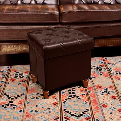 CAROLMADE Folding Storage Ottoman Cube PU Leather Footstool with Wood Legs Ottoman Footrest for Living Room and Bedroom Brown, 15x12.6 x 15.4”-NeatNest