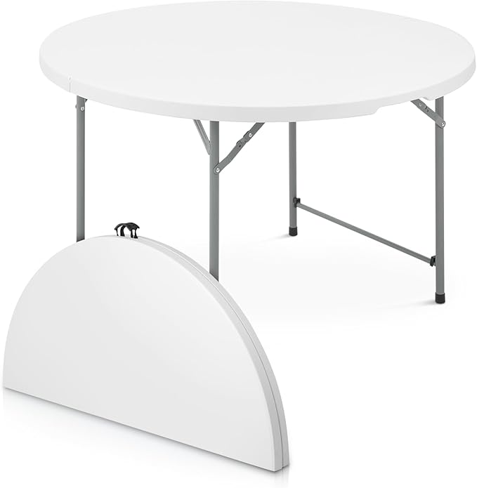 Athena Collection 4ft Plastic Folding Dining Table, Large Foldable Round Card Table Portable with Carry Handle Heavy Duty Fold-in-Half for Indoor Outdoor Party Camping, White-NeatNest