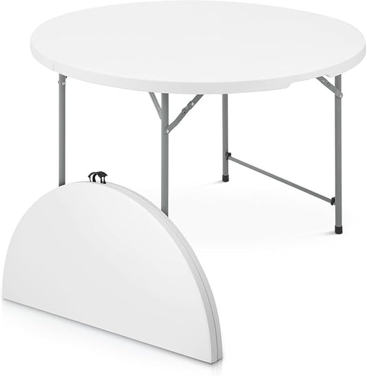 Athena Collection 4ft Plastic Folding Dining Table, Large Foldable Round Card Table Portable with Carry Handle Heavy Duty Fold-in-Half for Indoor Outdoor Party Camping, White-NeatNest