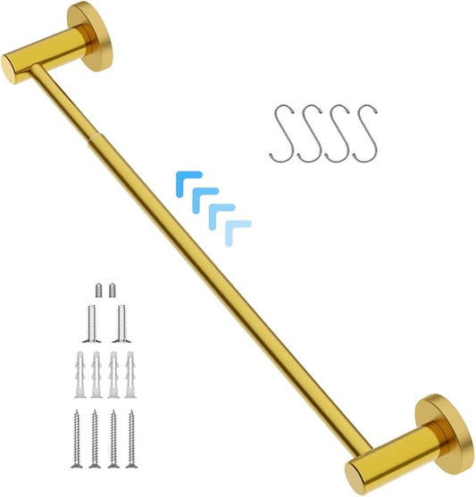 Adjustable 16 to 27.6 Inch Single Towel Bar, iMomwee Gold Brush Finished SUS304 Stainless Steel Bath Towel Holder, Wall Mount Towel Rail for Bathroom Kitchen Washroom, 1" Diameter Towel Rod with Hooks