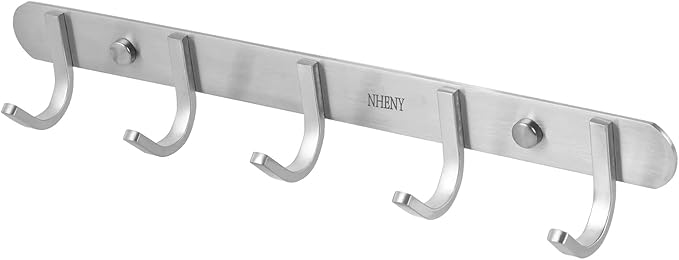 Coat Hook Rack Hanger –Towel Hook Rail with 5 Hooks 13-Inch Wall Mounted for Bedroom, Bathroom, Hallway, Garage, Garden, Office, 304 Stainless Steel Brushed Nickel, Easy Installation (Silver)-NeatNest