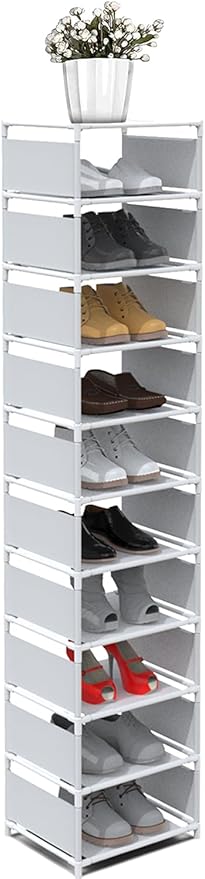 Narrow Shoe Rack, 10 Tier Vertical Shoe Rack for Closet Entryway, White Tall Slim Shoe Tower for Small Spaces, Shinky Shoe Organizer, Space Saving Corner Shoe Shelf-NeatNest