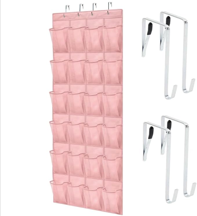 GORILLA GRIP Over the Door Shoe Organizer, 24 Large Breathable Mesh Pockets, Space Saving Hanging Storage Holder, Closet Rack Hanger Holds Up to 40 lbs, Hangs on Closets for Shoes, Accessories, Pink-NeatNest