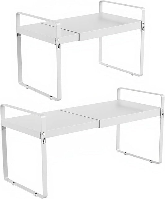 Expandable Cabinet Shelf Organizer 14-25 Inch Adjustable Length, 11" Wide 2-Tier (8" Bottom Layer) Metal Storage Rack for Kitchen Pantry, Under Sink Countertop - Heavy Duty White(2 Pack)-NeatNest