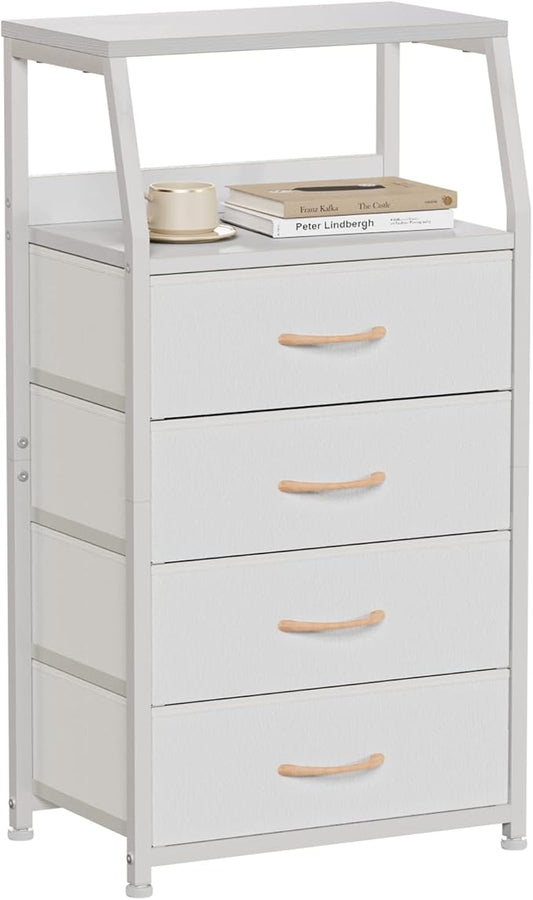 Furnulem Tall 4 Drawers Dresser, Vertical Storage Tower for Bedroom, Hallway, Entryway, Nursery, Closet Organizer, Nightstand Bedside Table Furniture, Sturdy Steel Frame, Wood Top, White-NeatNest