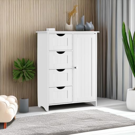 JUMMICO Bathroom Storage Cabinet, Floor Cabinet with 4 Drawers and 1 Adjustable Shelf, Storage Oragnizer for Living Room, Kitchen, Bathroom (White)