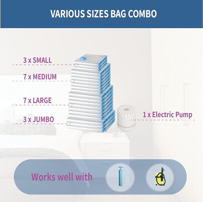 20 Pack Space Saver Vacuum Storage Bags for Clothing Travel, Vacuum Seal Compression Bags for Clothes, Packing, Luggage, Blankets, Comforters and Pillows, Electric Pump Included-NeatNest