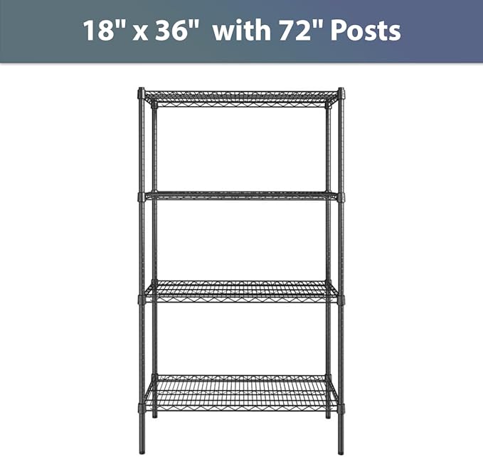 18" x 36" NSF Black Epoxy 4-Shelf Kit with 72" Posts, Commercial Storage Rack Unit, Heavy Duty Storage Shelving, Wire Shelving Kit, Adjustable Rack Strong Steel, Multipurpose Wire Shelf