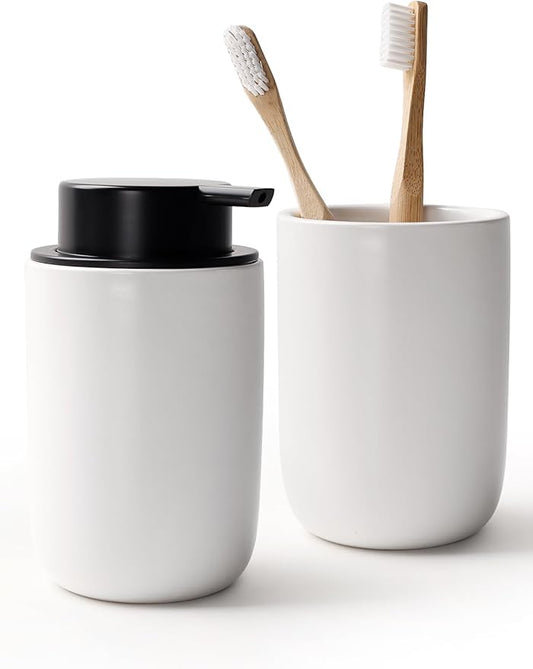 Bosilunlife Soap Dispenser and Toothbrush Holder Set - 11Oz Dish Hand Soap Dispenser Pump Ceramic Bathroom Counter Soap Toothbrush Holder Set White Bathroom Accessories Set-NeatNest