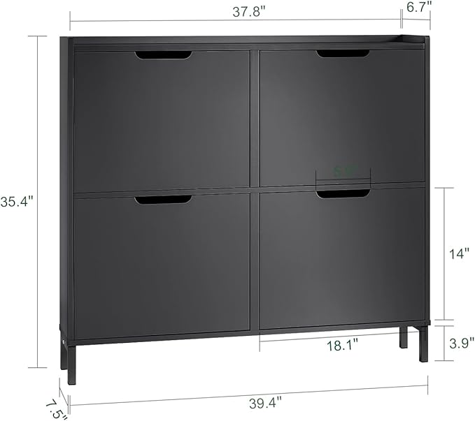 Haotian Black Shoe Cabinet with 4 Flip-Drawers, Narrow Freestanding Shoe Rack, Slim Shoe Organiazer Entryway, FSR100-W, 7.5" D x 39.4" W x 35.6" H