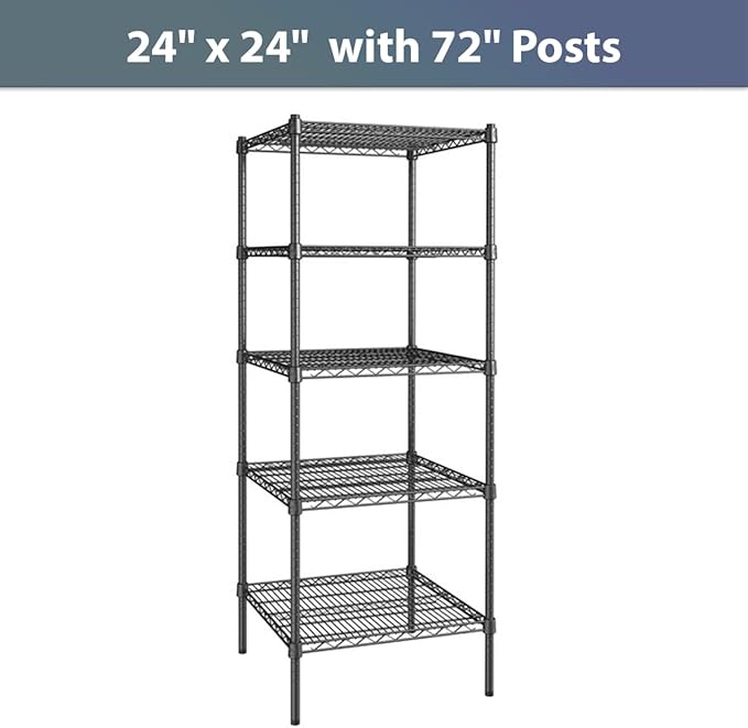 24" x 24" NSF Black Epoxy 5-Shelf Kit with 72" Posts, Commercial Storage Rack Unit, Heavy Duty Storage Shelving, Wire Shelving Kit, Adjustable Rack Strong Steel, Multipurpose Wire Shelf