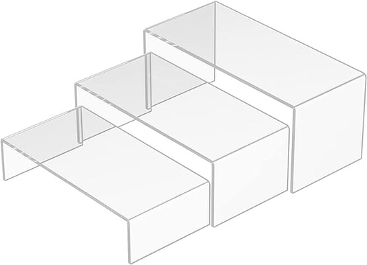 Clear Riser Shelf 3pcs, Desktop Rectangular Acrylic Display Shelves Organizer, Acrylic Stands for Funko Pop Figure, Perfumes, Bags, Shoes, Glasses, Plants, Toys, Collectibles - 8''x8.5''x9''-NeatNest