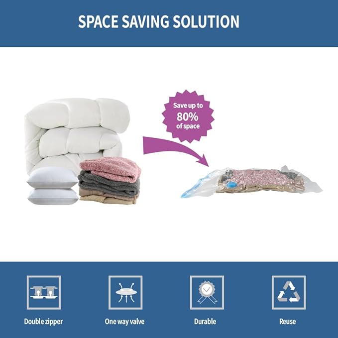 7 Pack Small Space Saver Vacuum Storage Bags for Clothing Travel, Vacuum Seal Compression Bags for Clothes, Packing, Luggage, Blankets, Comforters and Pillows, Hand Pump Included-NeatNest