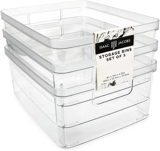 Isaac Jacobs 3-Pack Medium Clear Storage Bins (8” L x 10” W x 4.25” H) w/Cutout Handles, Plastic Organizer for Home, Office, Kitchen, Fridge/Freezer, Bathroom, BPA Free, Food Safe (3-Pack, Medium)