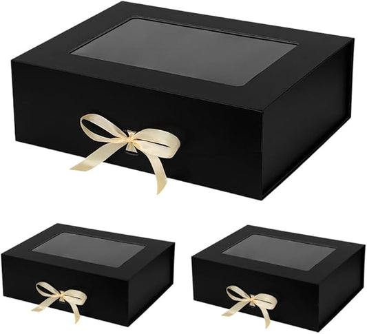 3 Pcs Black Extra Large Gift Box for Presents with Ribbon 16.5x13x5.3 Inches Clear Gift Box with Window Magnetic Closure Gift Boxes with Lids-NeatNest