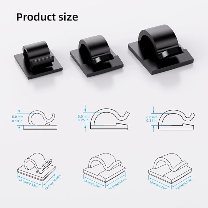 100 PCS Adhesive Cable Clips Cord Organizer (Small, Medium,Large),Wire Holder for Cable Management, Outdoor Light Clips Light Hooks for LED String,Car Dash Cam, Extension Cord (Black)-NeatNest