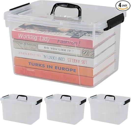 12 Quart Latching Storage Box, 4 Pack, Clear Plastic Organizer Bin with Handle