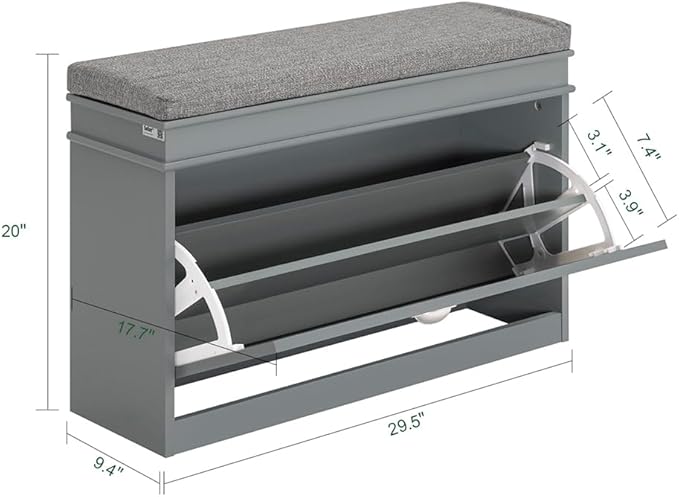 Haotian Shoe Storage Bench with Cushion, Grey Narrow Shoe Rack for Entryway, Small Shoe Cabinet with 2 Tiers Flip-Drawer, Closet Hallway Mudroom FSR82-L-HG-NeatNest