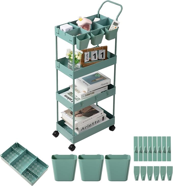danpinera Slim Storage Cart on Wheels, 4 Tier Narrow Laundry Cart with Hooks Hanging Cups Dividers Mobile Rolling Lash Cart with Handle for Bathroom Small Spaces, Green