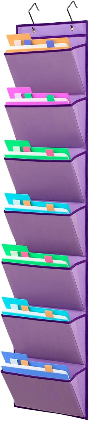 Wall Mounted File Holder Over Door Hanging Mail Organizer Document Storage Bag for Papers Magazines and Books (7 POCKETS-PURPLE)-NeatNest