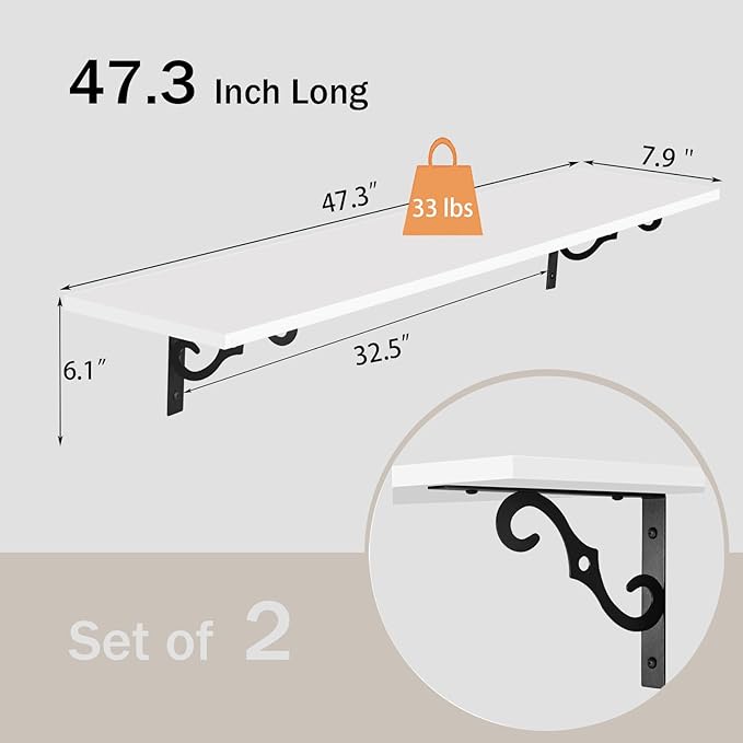 DINZI LVJ Long Wall Shelves, 47.3 Inch Large Floating Shelves Set of 2, Wide Display Shelf Wall Mounted with Brackets, Easy Hanging for Living Room, Toilet, Office, Bedroom, White-NeatNest