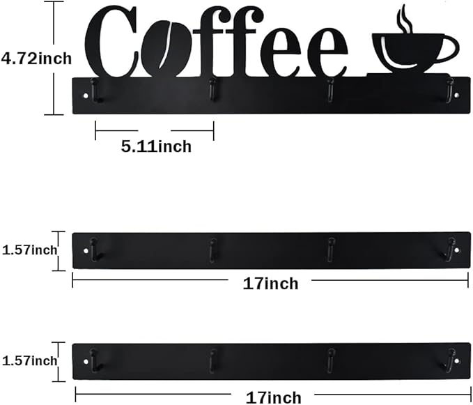 Coffee Mug Holder Wall Mount With 12 Hooks, 3 Packs Metal Mug Rack With Tea Sign, Cup Hanger for Bar Kitchen Organizer Display, Corner Nook Decor, Black-NeatNest