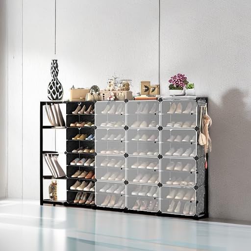 Portable Shoe Rack with Door, 64 Pairs Cabinet Easy Assembly, Plastic Adjustable Shoe Storage Organizer Stackable Detachable Free Standing DIY Expandable 8 Tier Black-NeatNest