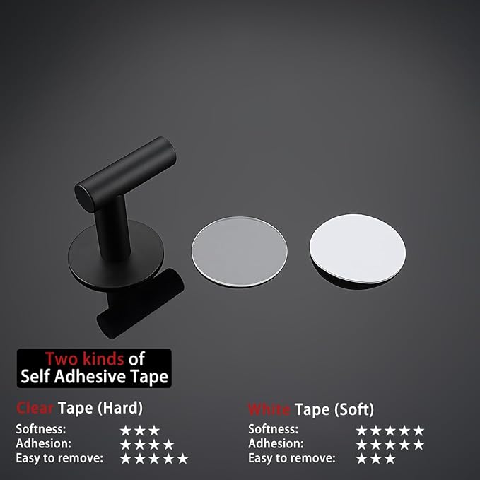 JQK Self Adhesive Towel Hook Black, No Drill Stick on Coat Robe Clothes Wall Hook for Bathroom Kitchen Garage 2 Pack, 304 Stainless Steel Matte Black, ATH110-PB-P4