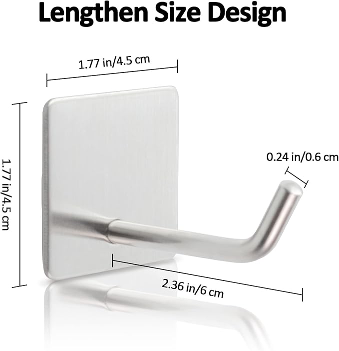 4PCS Adhesive Sticky Wall Hooks Heavy Duty, Long Stainless Steel Towel Hooks for Hanging Kitchen Bathroom Home, Waterproof Hook Wall Hanger Holder for Key Hat Coat Bag (Silver)