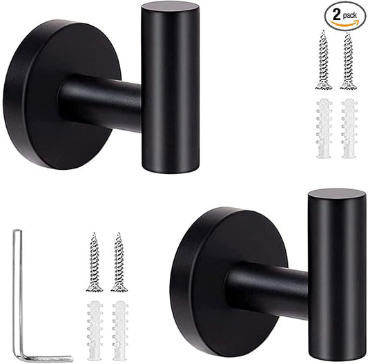 Bathroom Towel Hook, Coat Robe Hook Matte Black, Stainless Steel Wall Hook for Bathroom Bedroom Kitchen Cabinet Closet Hotel, Heavy Duty Drill-Installed Door/Wall Hanger (2PCS Black)