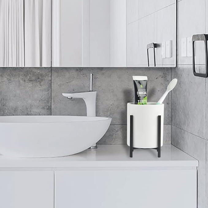 Ceramic Flatware Caddy, Silverware Caddy Cutlery Holder, Round Utensil Crock, Kitchen Utensil Holder for Countertop, Solid White Cup and White Metal Bracket, 1 Pcs-NeatNest