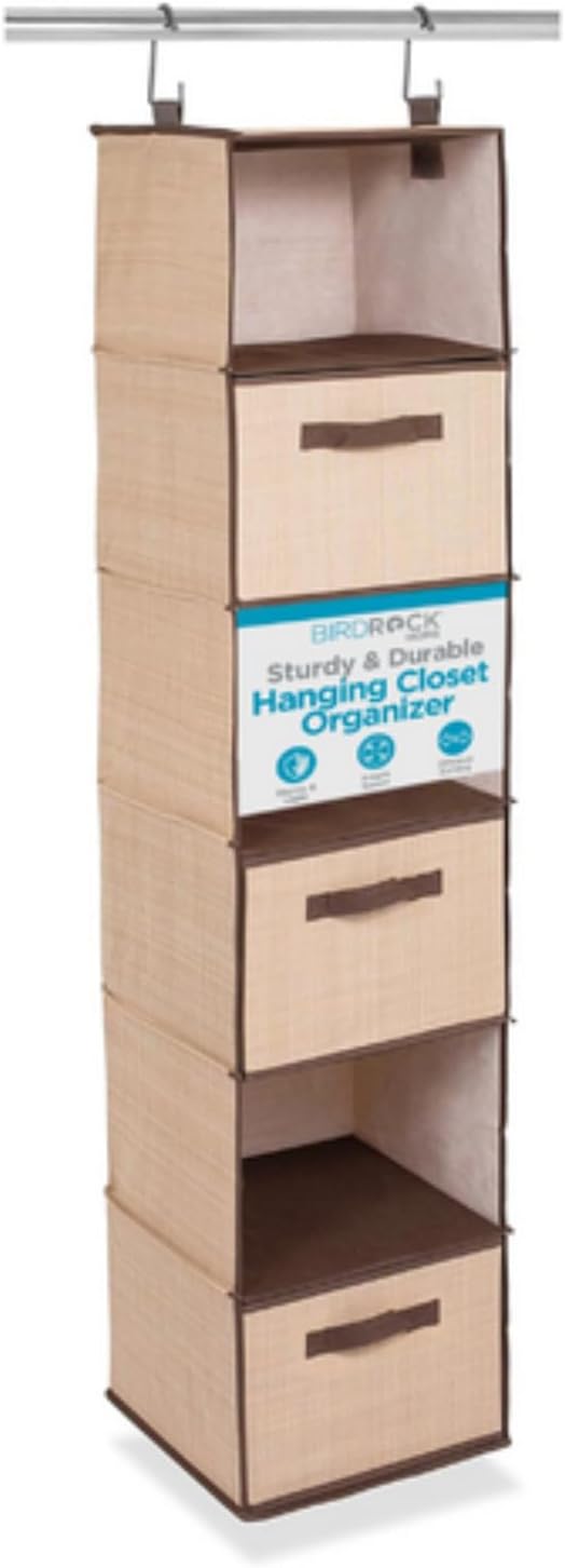 Internet's Best Hanging Closet Organizer with 3 Drawers - 6 Shelf Fabric Storage Organizer for Clothes, Sweaters, Shoes, Accessories - College Dorm Essentials, Small Room Dresser for Kids - Beige-NeatNest