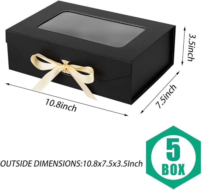5 Pcs Black Gift Box for Presents with Ribbon 10.8x7.5x3.5 Inches Clear Gift Box with Window Magnetic Closure Gift Boxes with Lids-NeatNest
