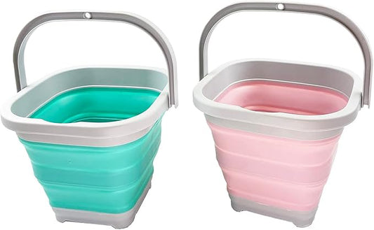 SAMMART Collapsible Rectangular Cleaning Bucket 5L (1.3 Gallon)- Foldable Camping Beach Sand Water Pot Pail- Portable Space Saving Tub for Household, Outdoor Car Washing (Pale Pink + Pine (Set of 2))-NeatNest