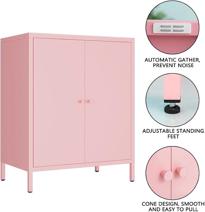 2 Doors Locker Metal Storage Cabinet, Accent Storage Cabinet with Shelves, Freestanding Metal Sideboard for Small Spaces, Living Room, Dining Room, Entryway (2 Door Cabinet, Pink)