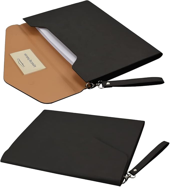 Enyuwlcm PU A4 Leather File Folder Document Holder Folder Stylish Portfolio Envelope Case with Strap and Invisible Magnetic Closure (Black)