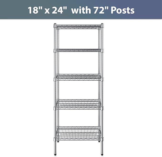 18" x 24" NSF Chrome 5-Shelf Kit with 72" Posts, Commercial Storage Rack Unit, Heavy Duty Storage Shelving, Wire Shelving Kit, Adjustable Rack Strong Steel, Multipurpose Wire Shelf